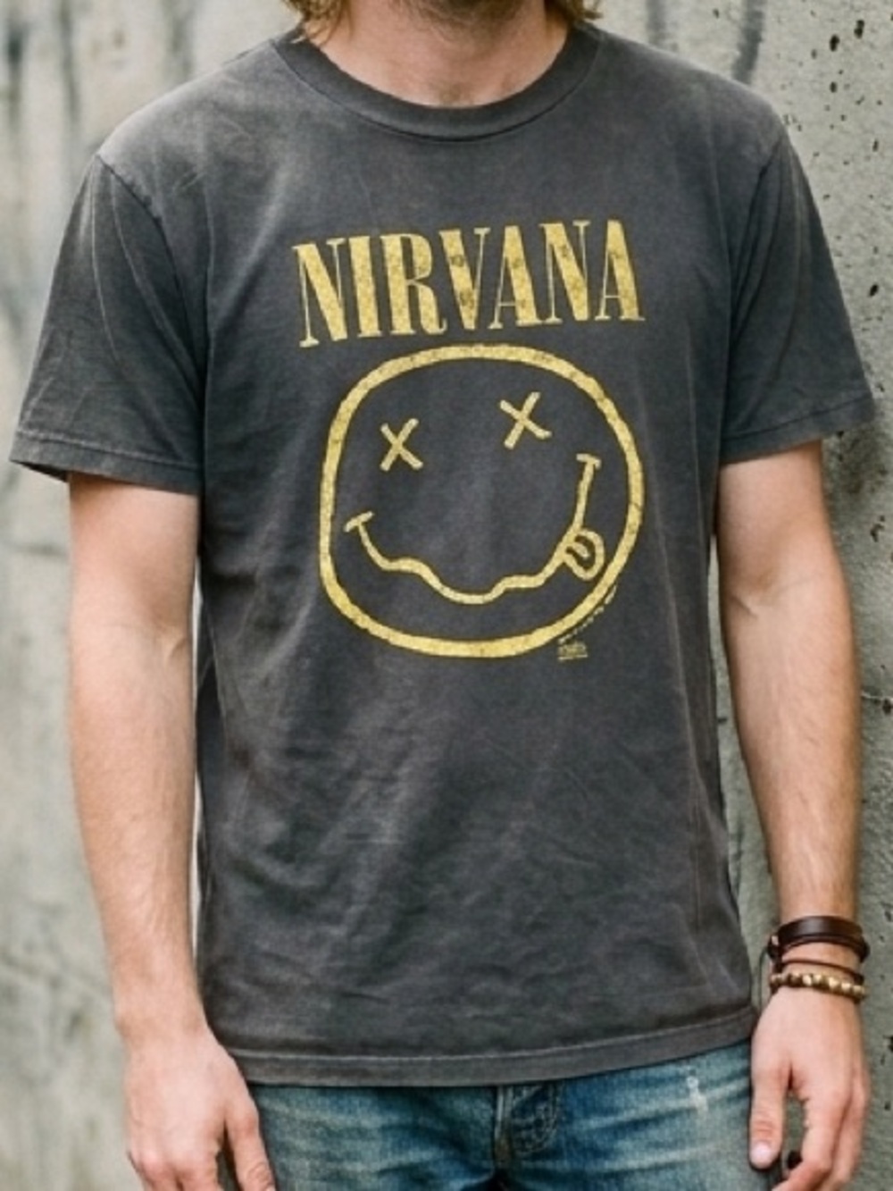 Vintage 1990s Nirvana Smiley Face Single Stitch Band Tee Grunge Faded Black M